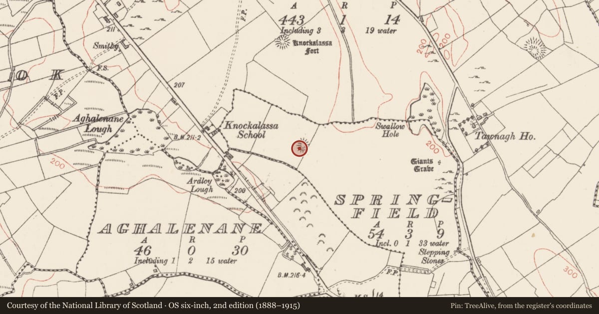 Ordnance Survey six-inch map, 2nd edition (1888–1915) covering the location of Ringfort - rath, Springfield, County Sligo, with a pin at the register's coordinates