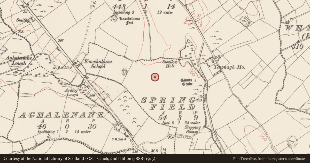 Ordnance Survey six-inch map, 2nd edition (1888–1915) covering the location of Ringfort - rath, Springfield, County Sligo, with a pin at the register's coordinates