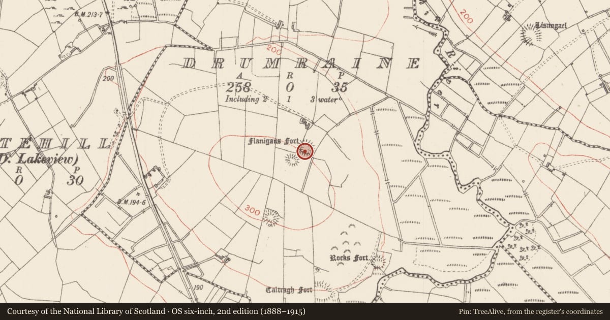 Ordnance Survey six-inch map, 2nd edition (1888–1915) covering the location of Ringfort - rath, Drumraine, County Sligo, with a pin at the register's coordinates