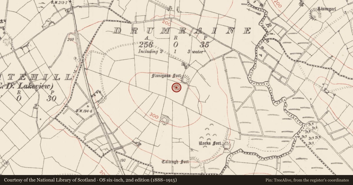 Ordnance Survey six-inch map, 2nd edition (1888–1915) covering the location of Ringfort - rath, Drumraine, County Sligo, with a pin at the register's coordinates