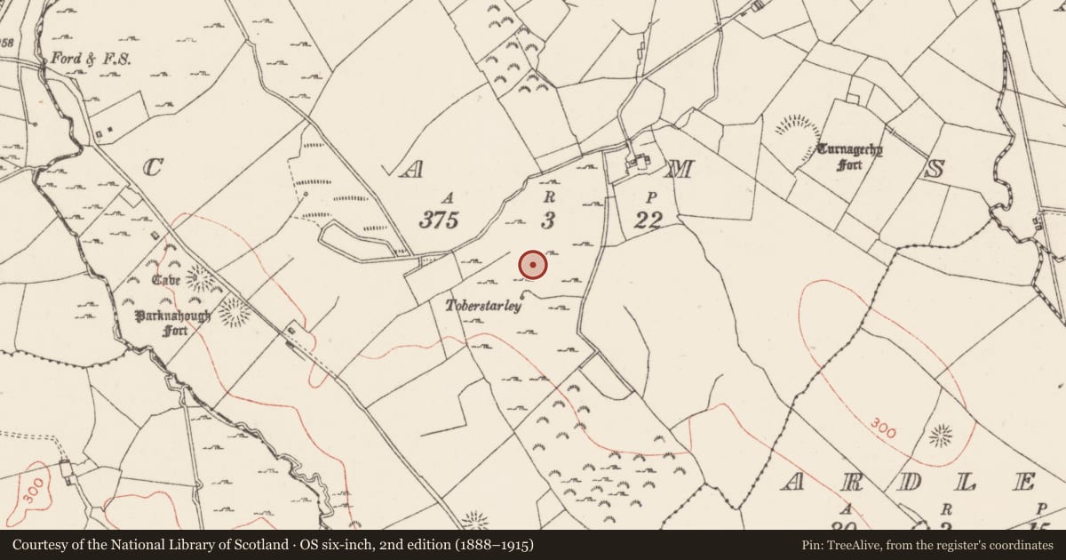 Ordnance Survey six-inch map, 2nd edition (1888–1915) covering the location of Megalithic tomb - court tomb, Cams, County Sligo, with a pin at the register's coordinates