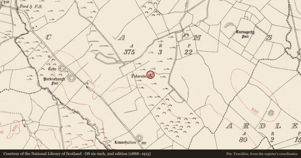 Ordnance Survey six-inch map, 2nd edition (1888–1915) covering the location of Ritual site - holy well, Cams, County Sligo, with a pin at the register's coordinates