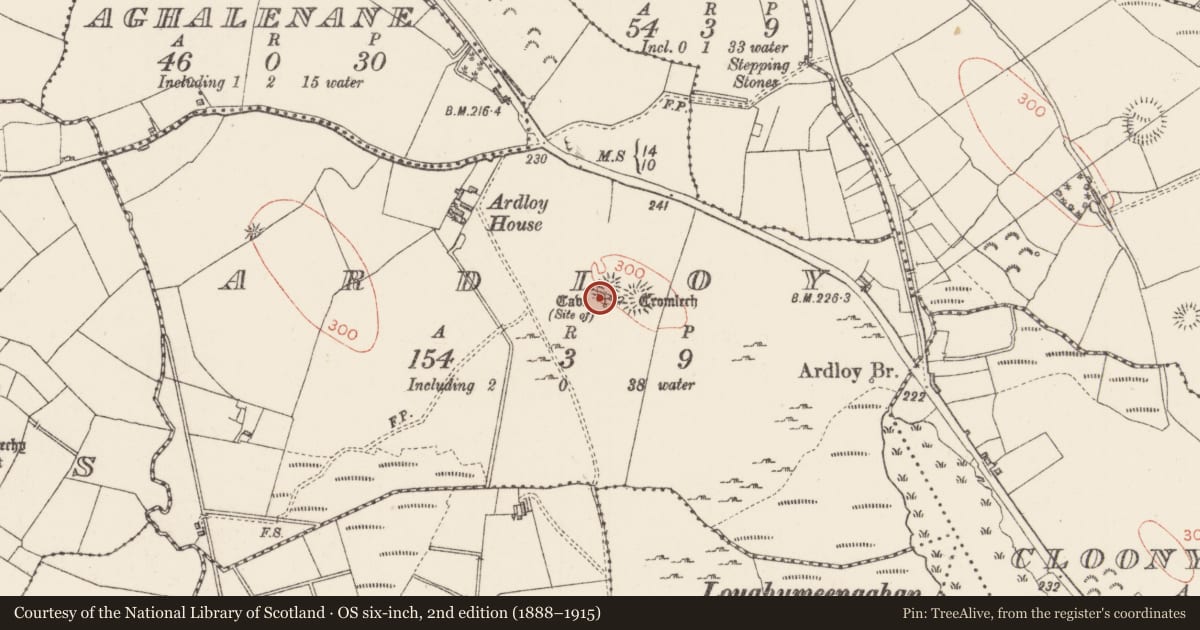 Ordnance Survey six-inch map, 2nd edition (1888–1915) covering the location of Souterrain, Ardloy, County Sligo, with a pin at the register's coordinates