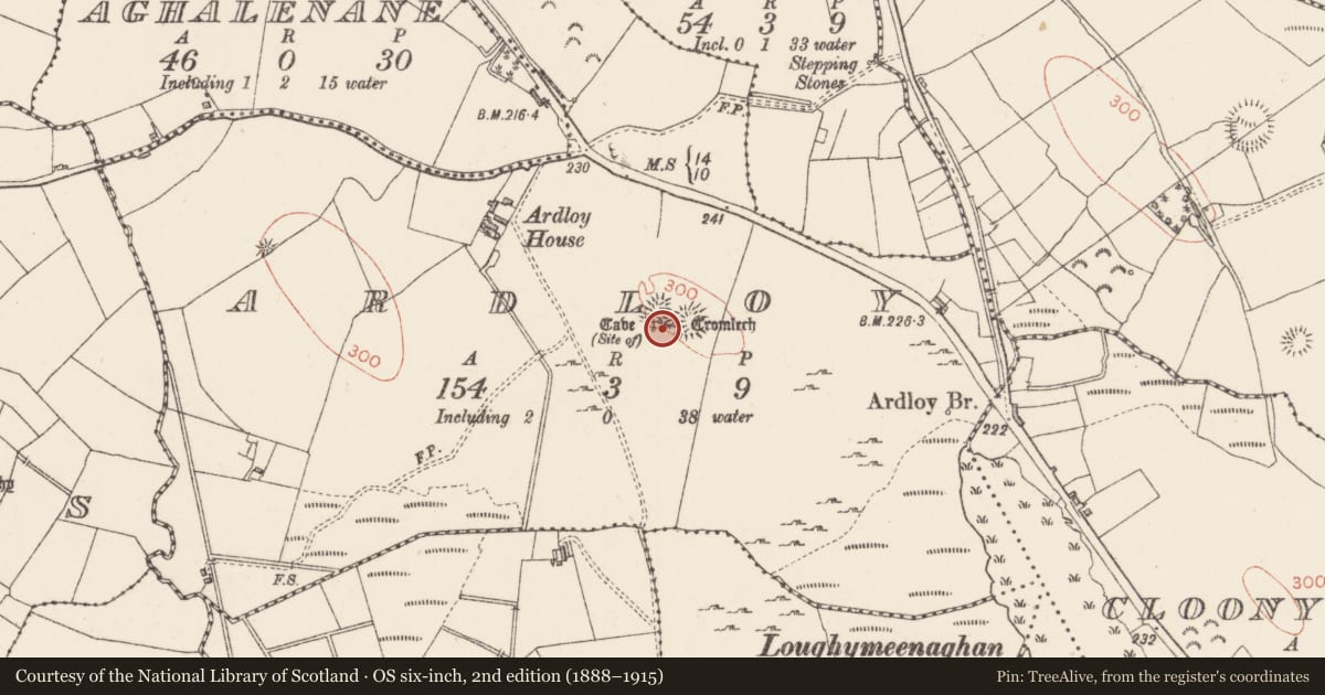 Ordnance Survey six-inch map, 2nd edition (1888–1915) covering the location of Megalithic tomb - passage tomb, Ardloy, County Sligo, with a pin at the register's coordinates