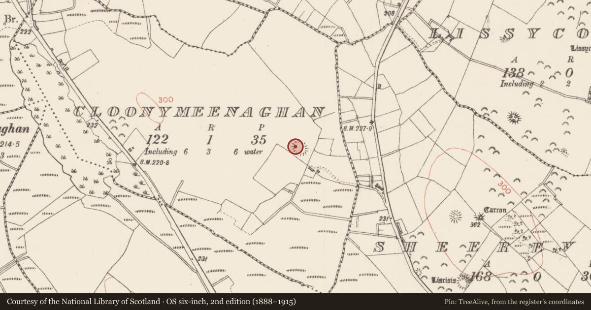 Ordnance Survey six-inch map, 2nd edition (1888–1915) covering the location of Ringfort - rath, Cloonymeenaghan, County Sligo, with a pin at the register's coordinates