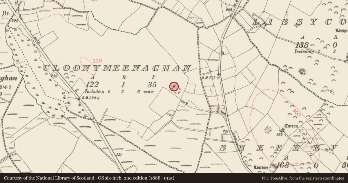 Ordnance Survey six-inch map, 2nd edition (1888–1915) covering the location of Souterrain, Cloonymeenaghan, County Sligo, with a pin at the register's coordinates