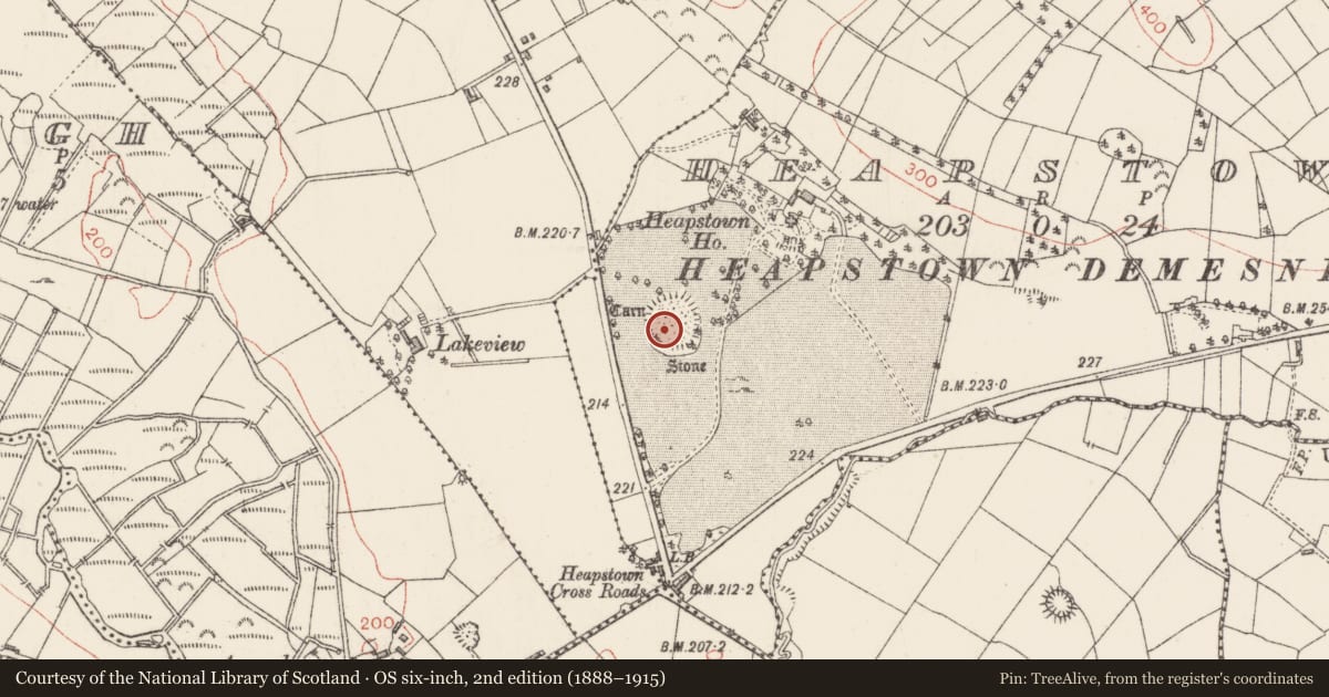 Ordnance Survey six-inch map, 2nd edition (1888–1915) covering the location of Megalithic tomb - passage tomb, Heapstown, County Sligo, with a pin at the register's coordinates