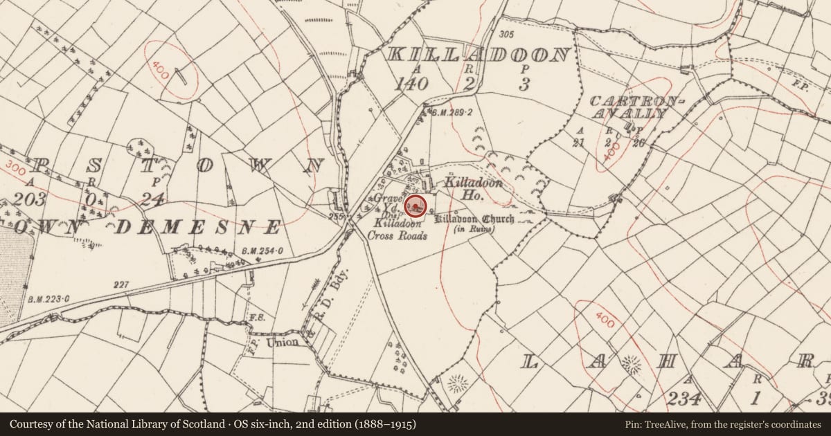 Ordnance Survey six-inch map, 2nd edition (1888–1915) covering the location of Graveyard, Killadoon, County Sligo, with a pin at the register's coordinates