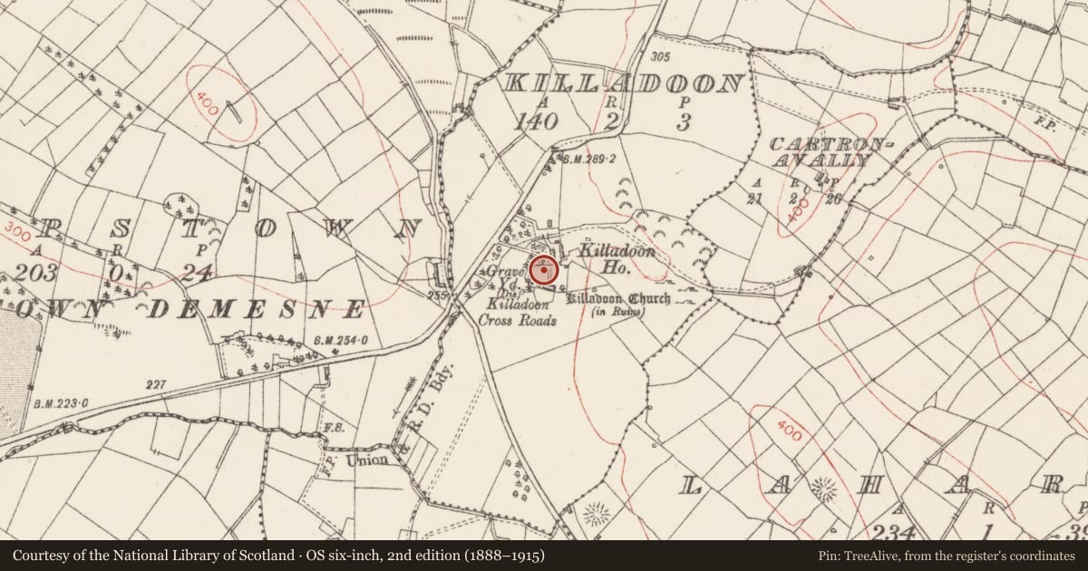Ordnance Survey six-inch map, 2nd edition (1888–1915) covering the location of Bullaun stone, Killadoon, County Sligo, with a pin at the register's coordinates