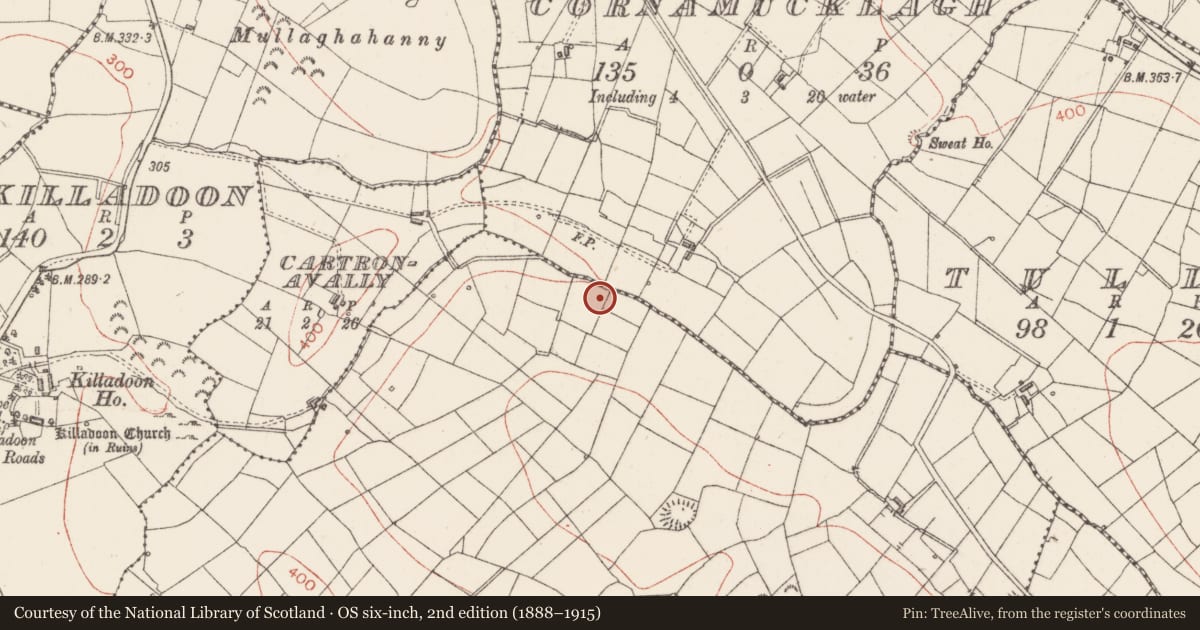 Ordnance Survey six-inch map, 2nd edition (1888–1915) covering the location of Sweathouse, Lahardan, County Sligo, with a pin at the register's coordinates
