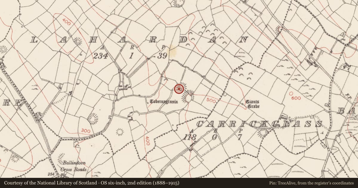 Ordnance Survey six-inch map, 2nd edition (1888–1915) covering the location of Ringfort - rath, Lahardan, County Sligo, with a pin at the register's coordinates