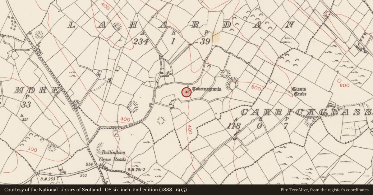 Ordnance Survey six-inch map, 2nd edition (1888–1915) covering the location of Ritual site - holy well, Lahardan, County Sligo, with a pin at the register's coordinates