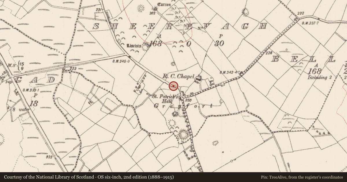 Ordnance Survey six-inch map, 2nd edition (1888–1915) covering the location of Ringfort - rath, Sheerevagh, County Sligo, with a pin at the register's coordinates