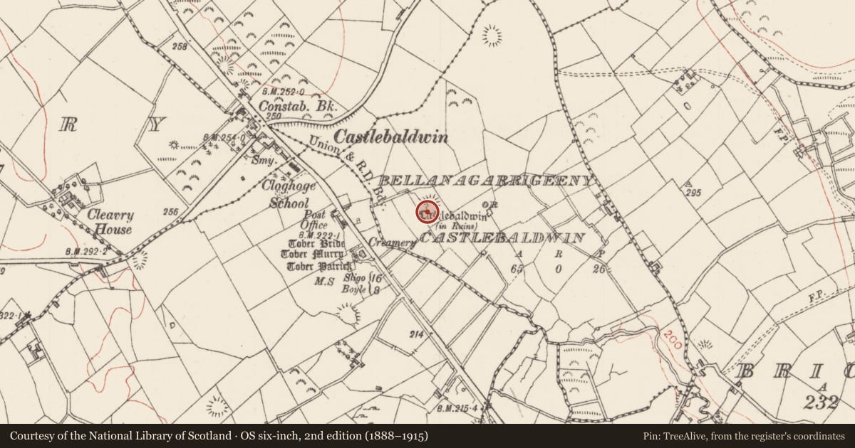 Ordnance Survey six-inch map, 2nd edition (1888–1915) covering the location of Ringfort - rath, Bellanagarrigeeny Or Castlebaldwin, County Sligo, with a pin at the register's coordinates