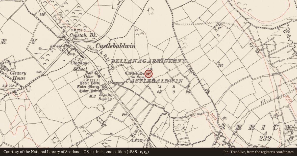 Ordnance Survey six-inch map, 2nd edition (1888–1915) covering the location of House - 16th/17th century, Bellanagarrigeeny Or Castlebaldwin, County Sligo, with a pin at the register's coordinates