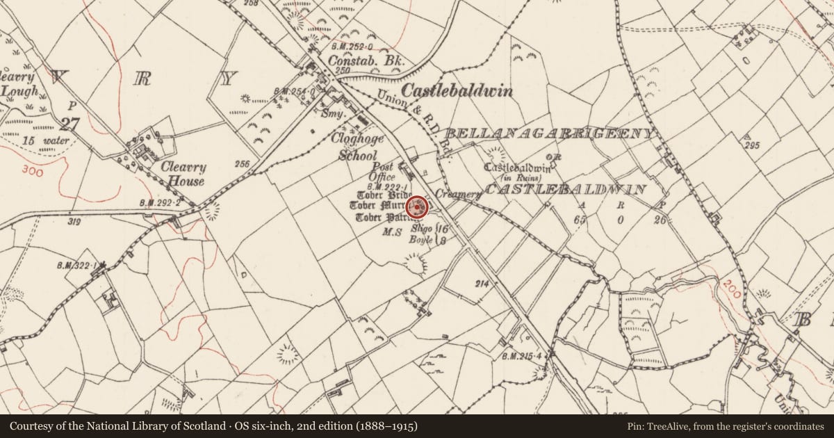 Ordnance Survey six-inch map, 2nd edition (1888–1915) covering the location of Ritual site - holy well, Cloghoge Upper, County Sligo, with a pin at the register's coordinates