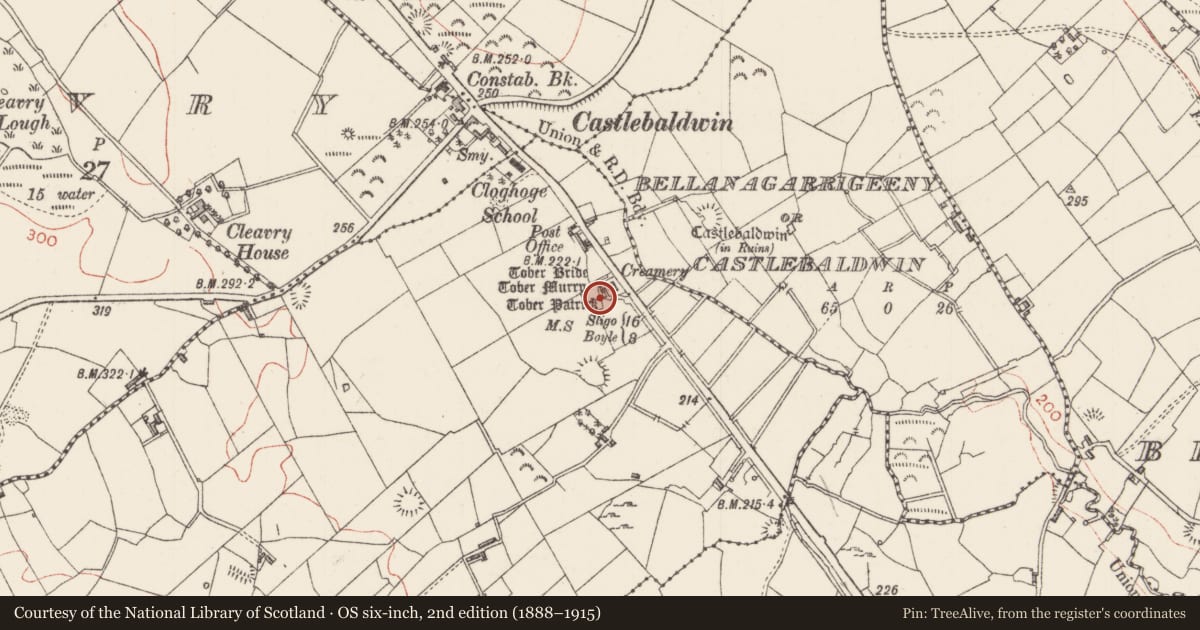 Ordnance Survey six-inch map, 2nd edition (1888–1915) covering the location of Ritual site - holy well, Cloghoge Upper, County Sligo, with a pin at the register's coordinates