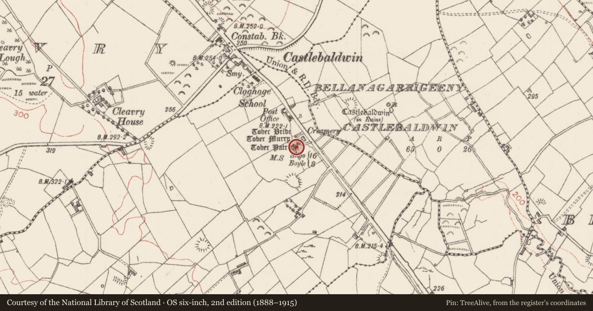 Ordnance Survey six-inch map, 2nd edition (1888–1915) covering the location of Ritual site - holy well, Cloghoge Upper, County Sligo, with a pin at the register's coordinates