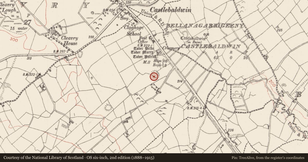Ordnance Survey six-inch map, 2nd edition (1888–1915) covering the location of Ringfort - rath, Cloghoge Upper, County Sligo, with a pin at the register's coordinates