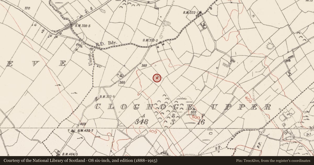 Ordnance Survey six-inch map, 2nd edition (1888–1915) covering the location of Barrow - mound barrow, Cloghoge Upper, County Sligo, with a pin at the register's coordinates