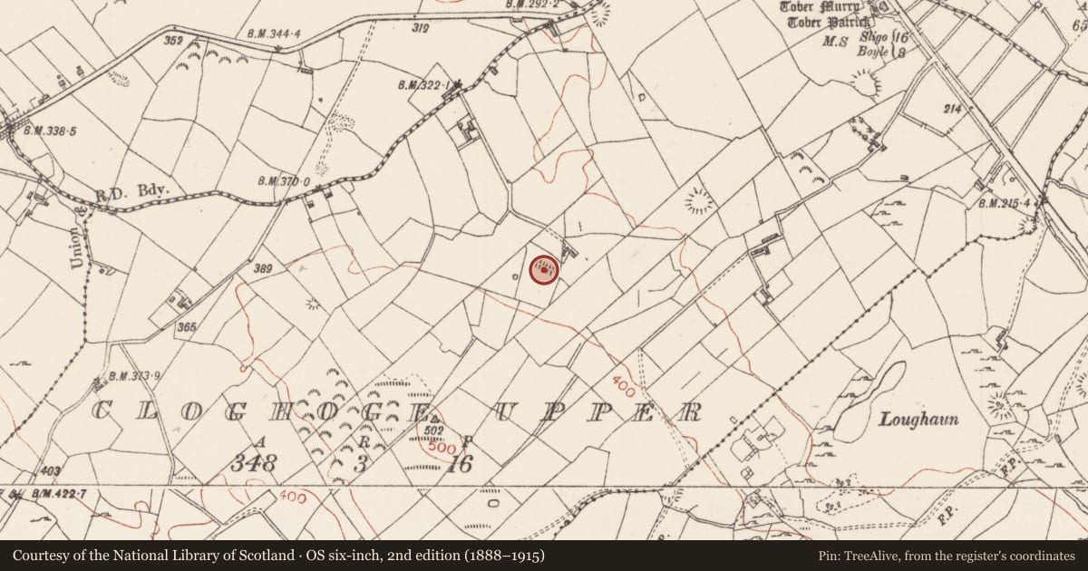 Ordnance Survey six-inch map, 2nd edition (1888–1915) covering the location of Mound, Cloghoge Upper, County Sligo, with a pin at the register's coordinates