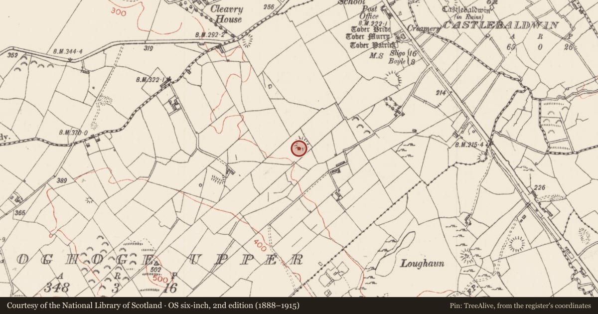 Ordnance Survey six-inch map, 2nd edition (1888–1915) covering the location of Ringfort - rath, Cloghoge Upper, County Sligo, with a pin at the register's coordinates