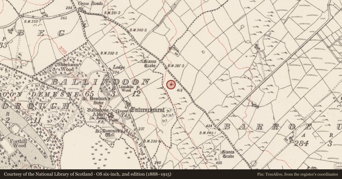 Ordnance Survey six-inch map, 2nd edition (1888–1915) covering the location of Barrow - ring-barrow, Barroe Lower, County Sligo, with a pin at the register's coordinates