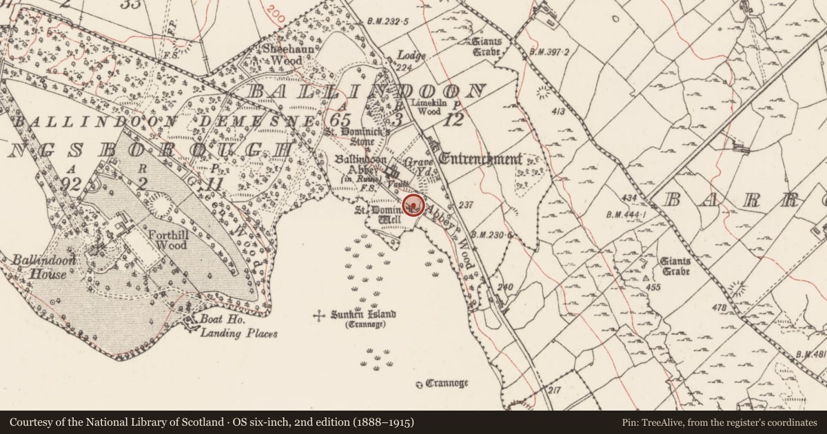 Ordnance Survey six-inch map, 2nd edition (1888–1915) covering the location of Ritual site - holy well, Ballindoon, County Sligo, with a pin at the register's coordinates