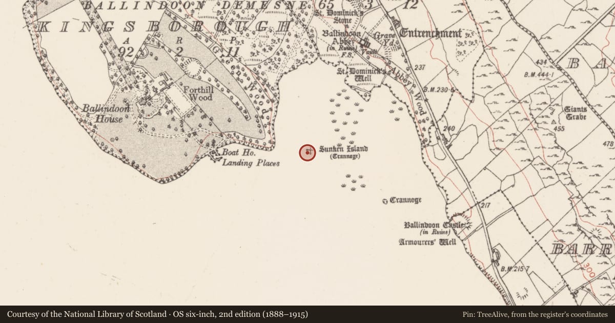 Ordnance Survey six-inch map, 2nd edition (1888–1915) covering the location of Crannog, Lough Arrow, County Sligo, with a pin at the register's coordinates