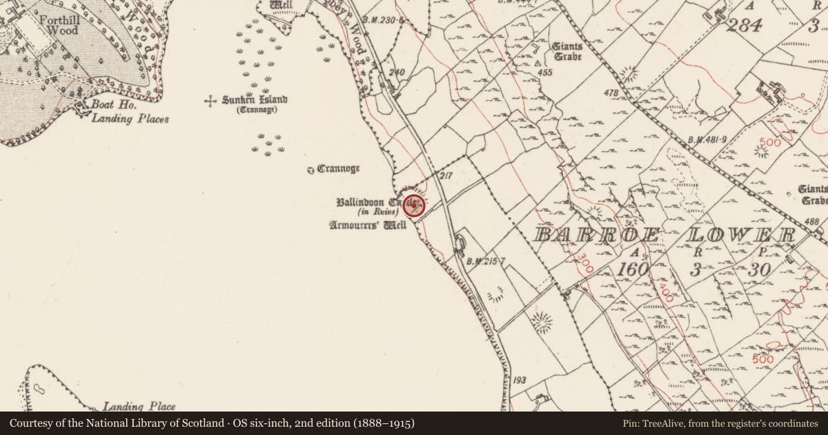 Ordnance Survey six-inch map, 2nd edition (1888–1915) covering the location of Castle - unclassified, Barroe South, County Sligo, with a pin at the register's coordinates