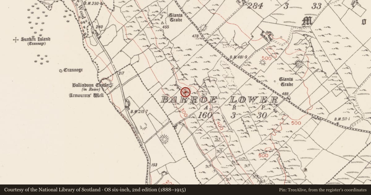 Ordnance Survey six-inch map, 2nd edition (1888–1915) covering the location of Cliff-edge fort, Barroe Lower, County Sligo, with a pin at the register's coordinates