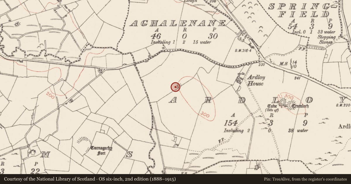 Ordnance Survey six-inch map, 2nd edition (1888–1915) covering the location of Enclosure, Ardloy, County Sligo, with a pin at the register's coordinates