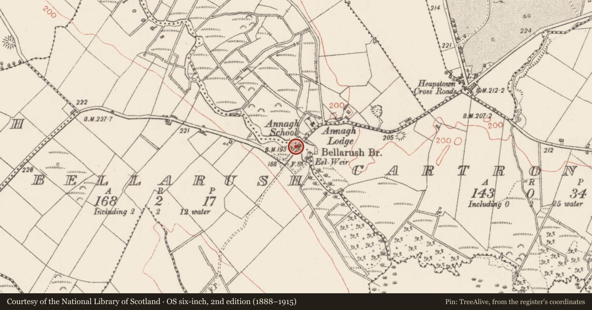 Ordnance Survey six-inch map, 2nd edition (1888–1915) covering the location of Bridge, County Sligo, with a pin at the register's coordinates