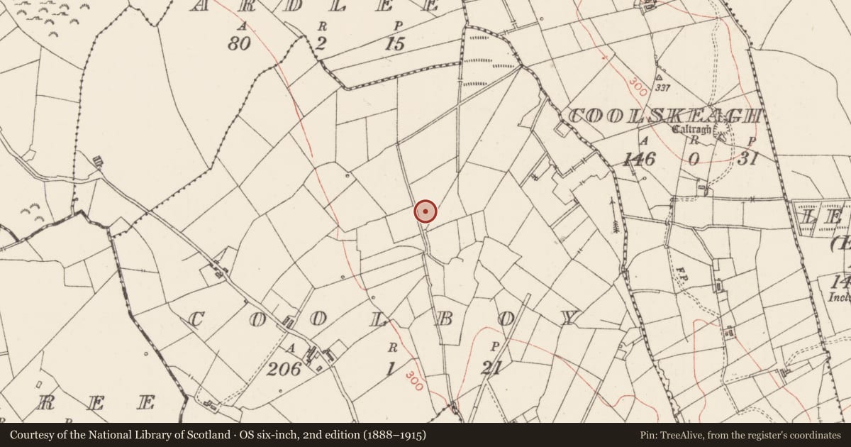Ordnance Survey six-inch map, 2nd edition (1888–1915) covering the location of Ringfort - rath, Coolboy, County Sligo, with a pin at the register's coordinates