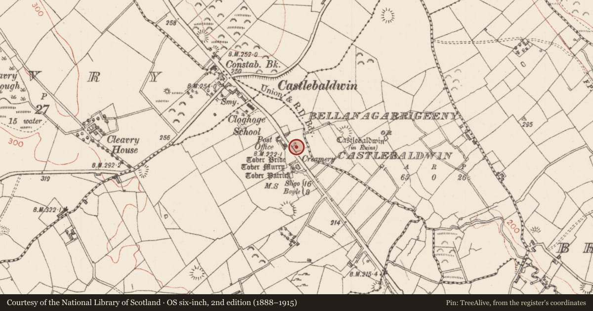 Ordnance Survey six-inch map, 2nd edition (1888–1915) covering the location of Burnt mound, Cloghoge Upper, County Sligo, with a pin at the register's coordinates