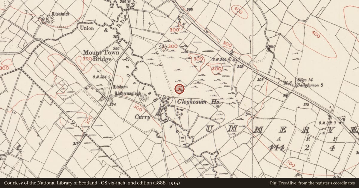Ordnance Survey six-inch map, 2nd edition (1888–1915) covering the location of Enclosure, Ummeryroe, County Sligo, with a pin at the register's coordinates