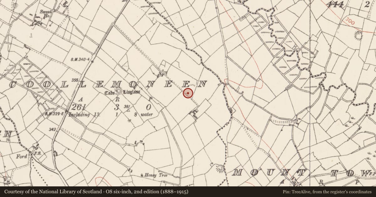 Ordnance Survey six-inch map, 2nd edition (1888–1915) covering the location of Enclosure, Coollemoneen, County Sligo, with a pin at the register's coordinates