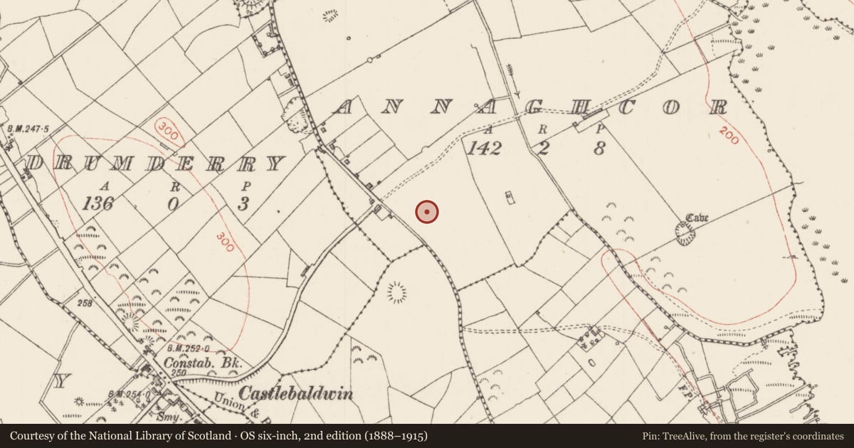 Ordnance Survey six-inch map, 2nd edition (1888–1915) covering the location of Enclosure, Annaghcor, County Sligo, with a pin at the register's coordinates