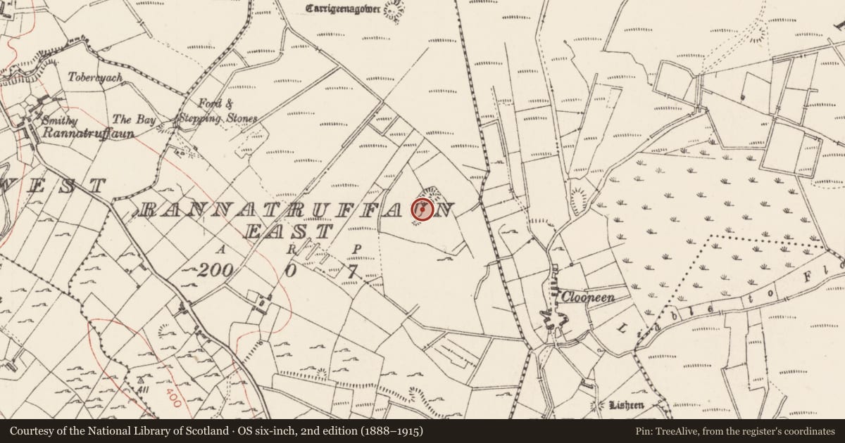 Ordnance Survey six-inch map, 2nd edition (1888–1915) covering the location of Hut site, Rannatruffaun East, County Sligo, with a pin at the register's coordinates