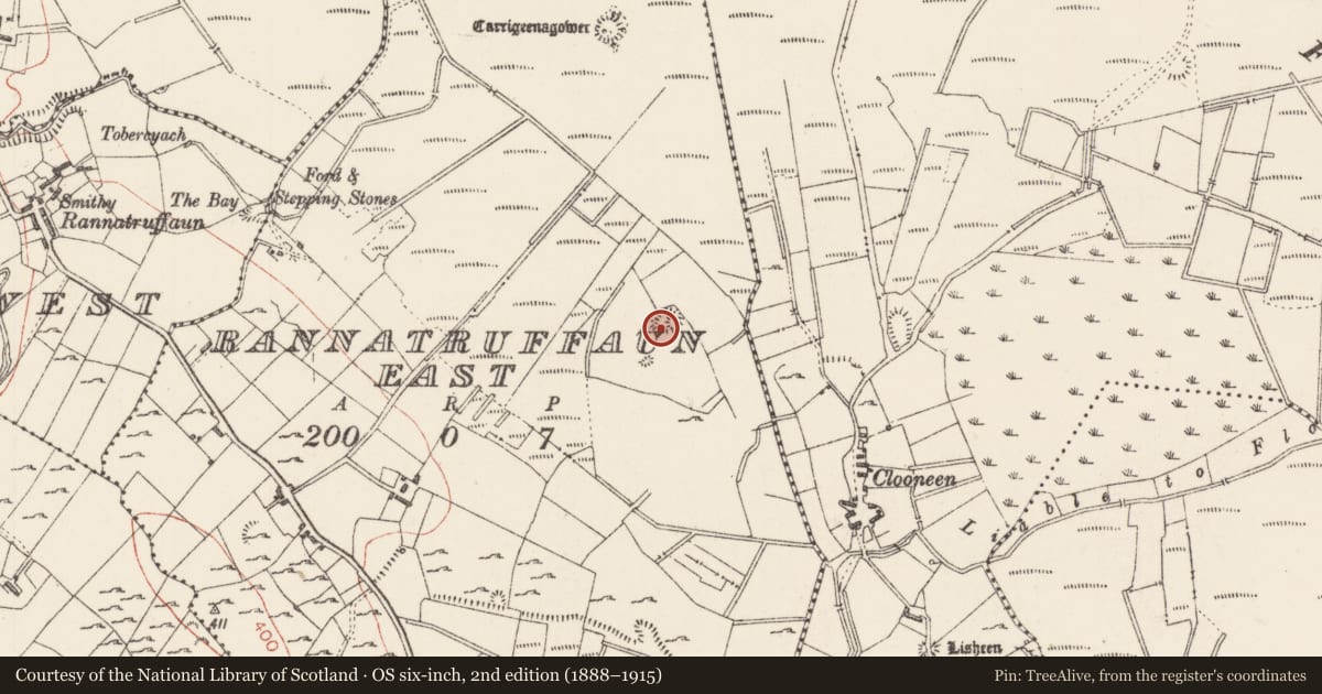 Ordnance Survey six-inch map, 2nd edition (1888–1915) covering the location of Hut site, Rannatruffaun East, County Sligo, with a pin at the register's coordinates
