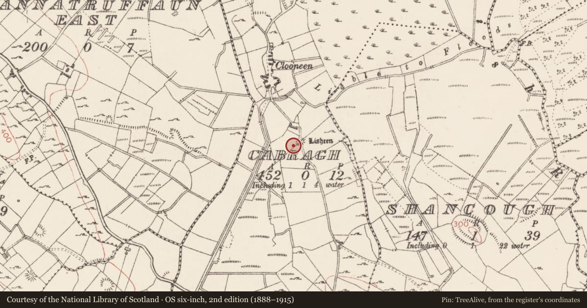 Ordnance Survey six-inch map, 2nd edition (1888–1915) covering the location of Ringfort - rath, Cabragh, County Sligo, with a pin at the register's coordinates