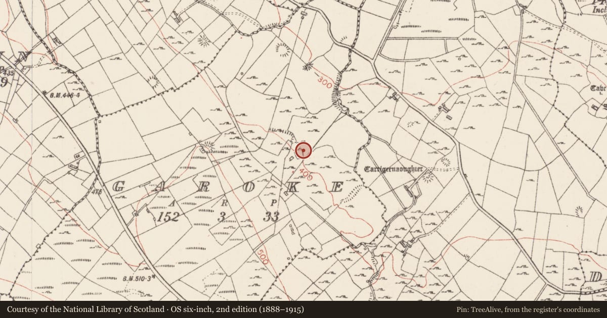 Ordnance Survey six-inch map, 2nd edition (1888–1915) covering the location of House - 18th/19th century, Garoke, County Sligo, with a pin at the register's coordinates