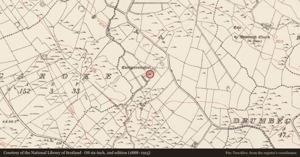 Ordnance Survey six-inch map, 2nd edition (1888–1915) covering the location of Barrow - mound barrow, Cabragh, County Sligo, with a pin at the register's coordinates