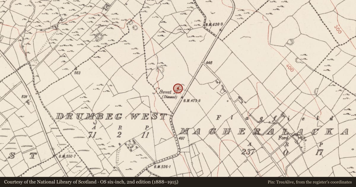 Ordnance Survey six-inch map, 2nd edition (1888–1915) covering the location of Burial, Magheralackagh, County Sligo, with a pin at the register's coordinates