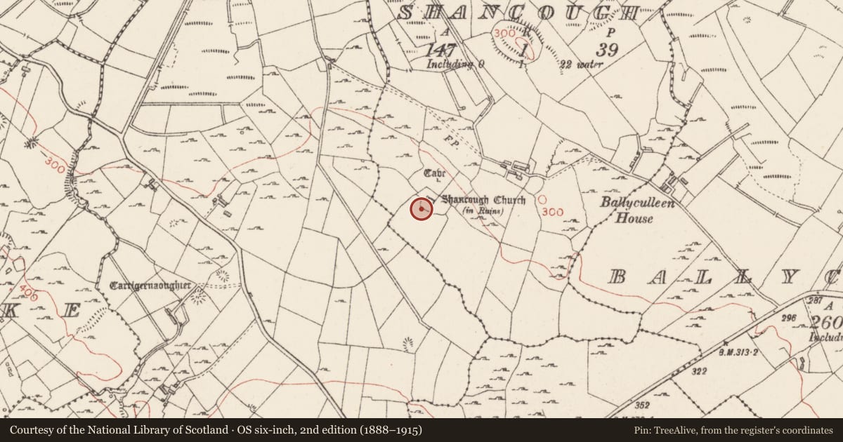 Ordnance Survey six-inch map, 2nd edition (1888–1915) covering the location of Church, Shancough, County Sligo, with a pin at the register's coordinates