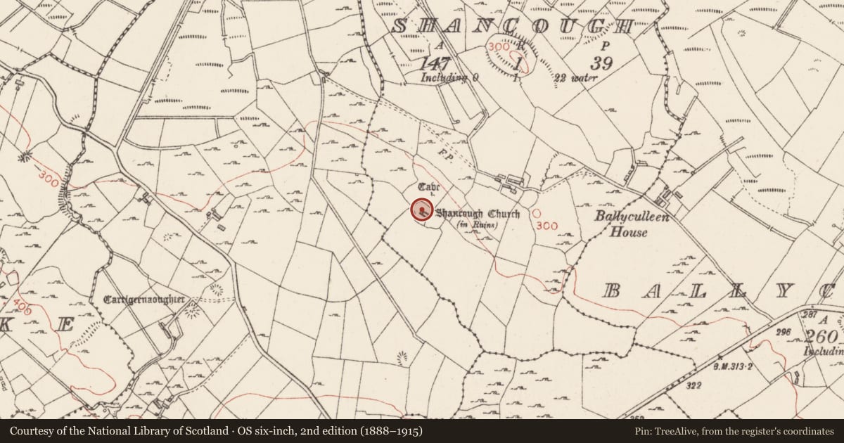 Ordnance Survey six-inch map, 2nd edition (1888–1915) covering the location of Souterrain, Shancough, County Sligo, with a pin at the register's coordinates