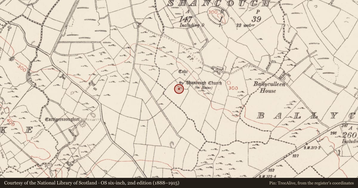 Ordnance Survey six-inch map, 2nd edition (1888–1915) covering the location of Enclosure, Shancough, County Sligo, with a pin at the register's coordinates