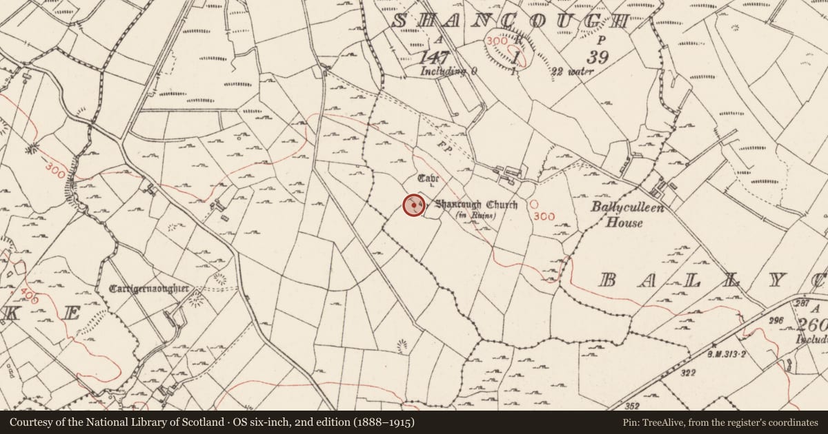 Ordnance Survey six-inch map, 2nd edition (1888–1915) covering the location of Ecclesiastical enclosure, Shancough, County Sligo, with a pin at the register's coordinates