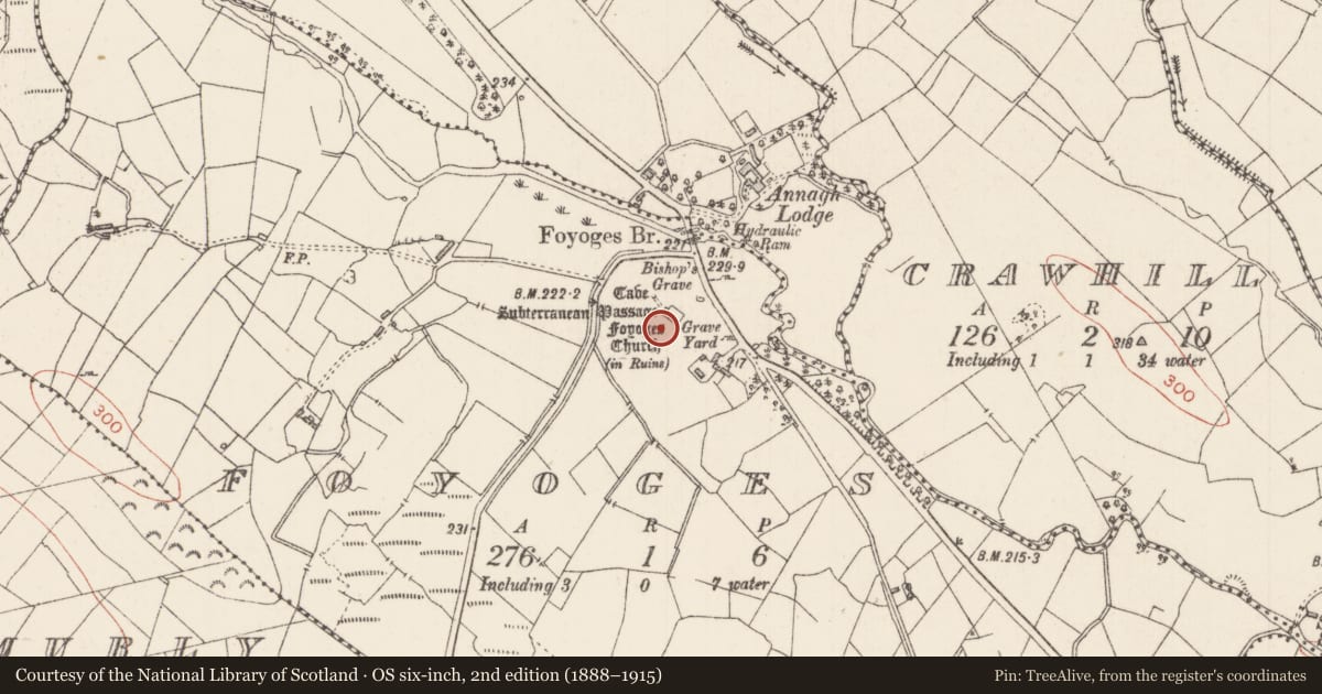 Ordnance Survey six-inch map, 2nd edition (1888–1915) covering the location of Church, Foyoges, County Sligo, with a pin at the register's coordinates