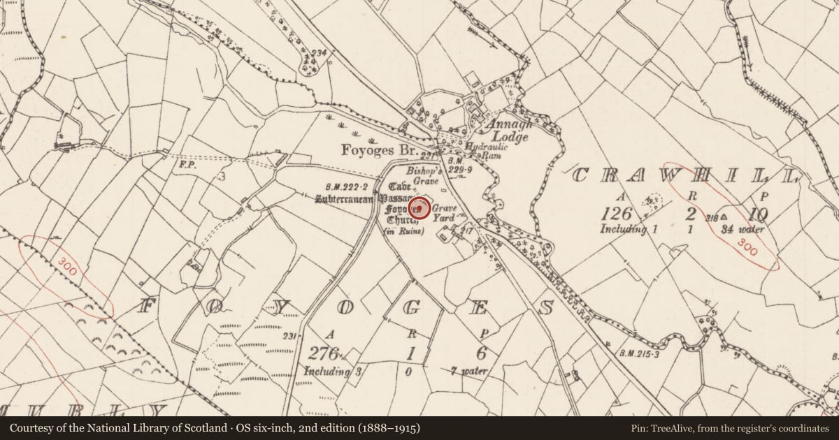 Ordnance Survey six-inch map, 2nd edition (1888–1915) covering the location of Graveyard, Foyoges, County Sligo, with a pin at the register's coordinates